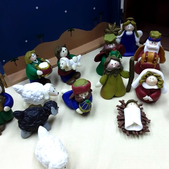 21 Piece Polermer Clay Nativity Manger Camels Sheep Wise Men - Picture 1 of 12